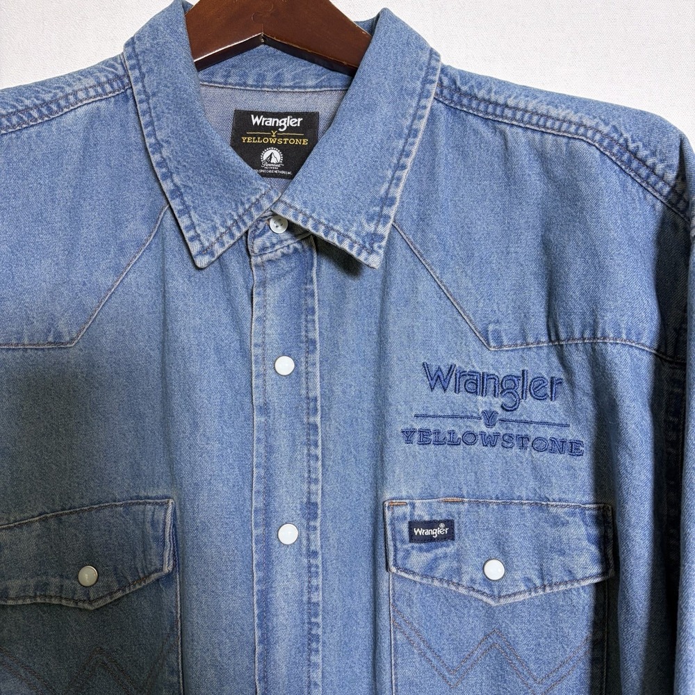 Wrangler X Yellowstone Denim Western Pearl Snap Shirt Men's XXL Blue Long Sleeve